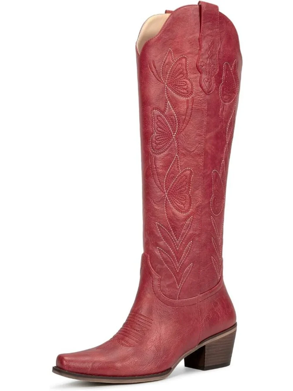 Women's Red Butterfly Knee High Cowgirl Boots Embroidered Pointed Chunky Heel